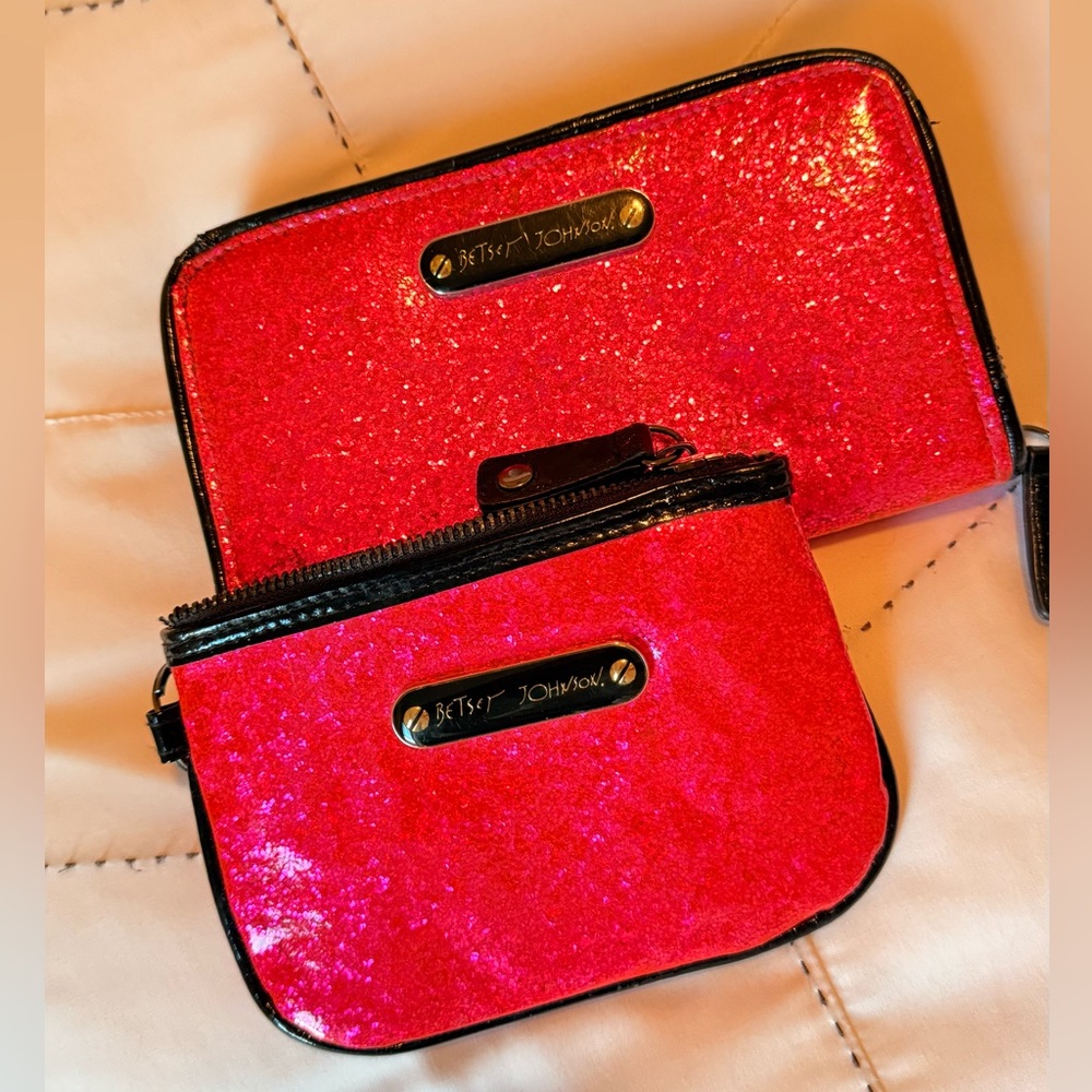 Betsey Johnson Fuchsia Glitter Wallet and Small card holder with key ring